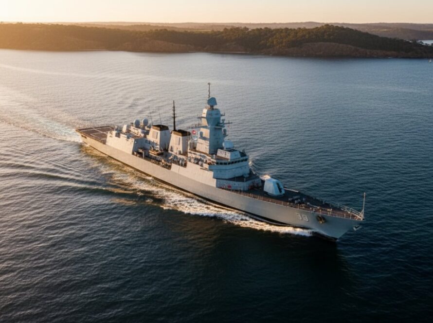 Dramatic aerial view capturing an 'epic moment' of a modern maritime vessel docking at HMAS Cerberus, bathed in golden hour light, showcasing the scale and precision of maritime operations, perfect for HMAS Cerberus commercial photography for maritime businesses Victoria.