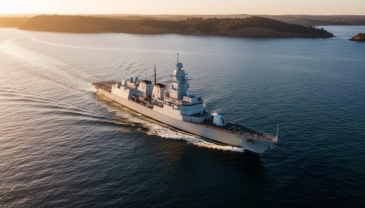 Dramatic aerial view capturing an 'epic moment' of a modern maritime vessel docking at HMAS Cerberus, bathed in golden hour light, showcasing the scale and precision of maritime operations, perfect for HMAS Cerberus commercial photography for maritime businesses Victoria.