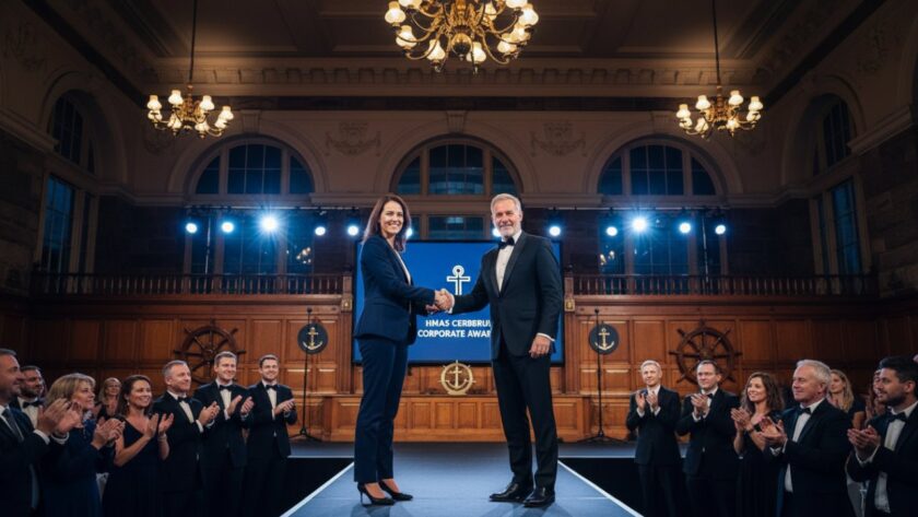 Dynamic, wide-angle shot of a high-profile corporate awards ceremony held within a grand hall at HMAS Cerberus, featuring impeccably dressed professionals networking under dramatic spotlights, perfectly encapsulating HMAS Cerberus corporate event photography Melbourne.
