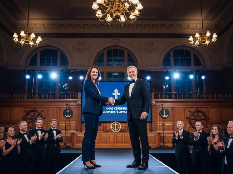 Dynamic, wide-angle shot of a high-profile corporate awards ceremony held within a grand hall at HMAS Cerberus, featuring impeccably dressed professionals networking under dramatic spotlights, perfectly encapsulating HMAS Cerberus corporate event photography Melbourne.