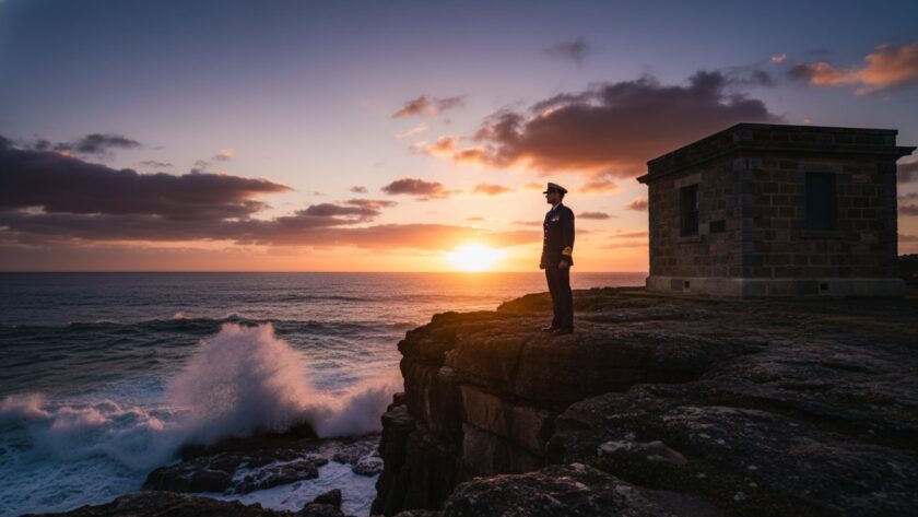 Dynamic aerial view capturing HMAS Cerberus Editorial Photography Coastal Narratives, showing a model in a sharp uniform against the dramatic Victorian coastline at sunset, portraying strength and narrative depth.