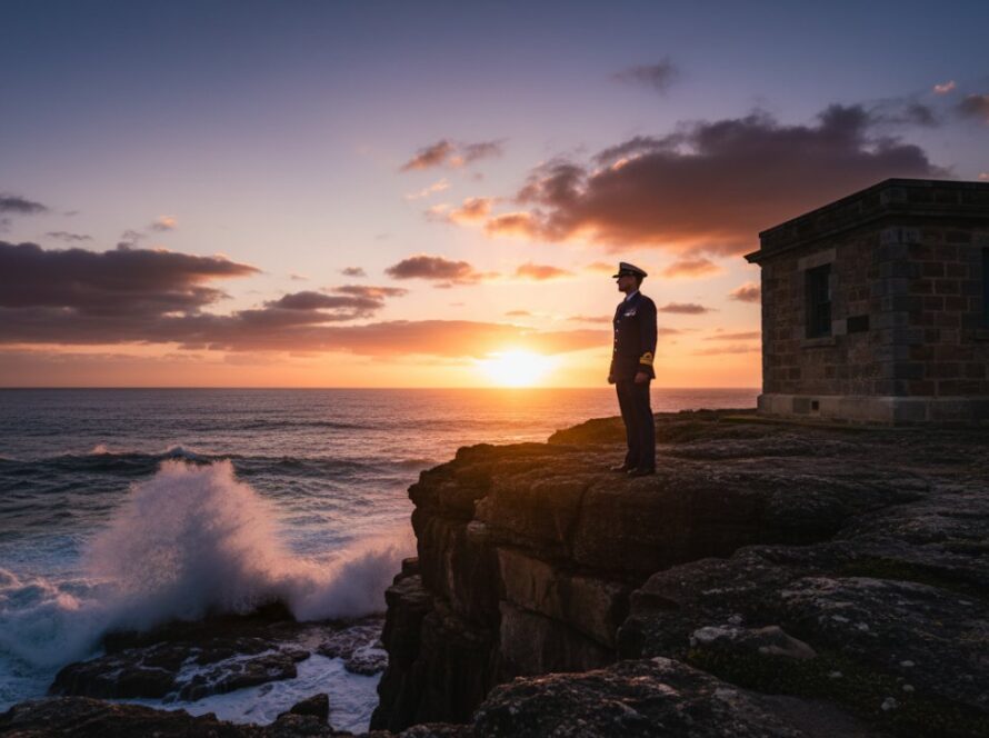 Dynamic aerial view capturing HMAS Cerberus Editorial Photography Coastal Narratives, showing a model in a sharp uniform against the dramatic Victorian coastline at sunset, portraying strength and narrative depth.