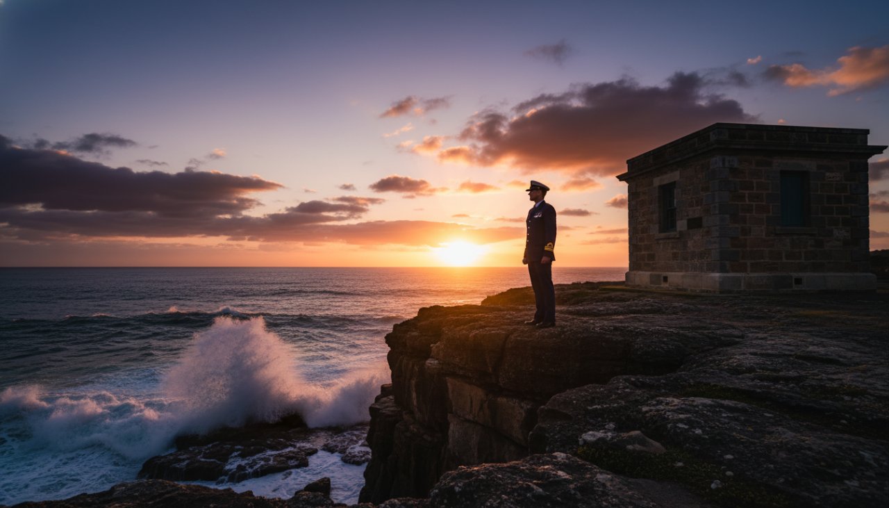 Dynamic aerial view capturing HMAS Cerberus Editorial Photography Coastal Narratives, showing a model in a sharp uniform against the dramatic Victorian coastline at sunset, portraying strength and narrative depth.