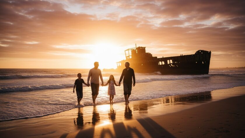 A heartwarming, sun-drenched epic moment of HMAS Cerberus family photography authentic moments, with a family embracing joyfully on the historic jetty, waves gently crashing, and the iconic Cerberus wreck in the background, professionally colour graded.