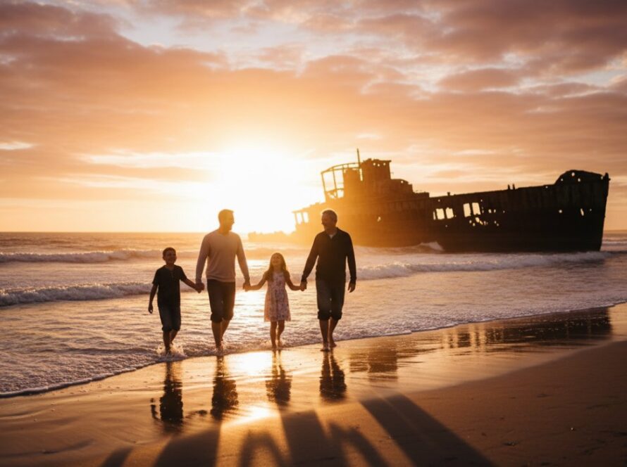 A heartwarming, sun-drenched epic moment of HMAS Cerberus family photography authentic moments, with a family embracing joyfully on the historic jetty, waves gently crashing, and the iconic Cerberus wreck in the background, professionally colour graded.