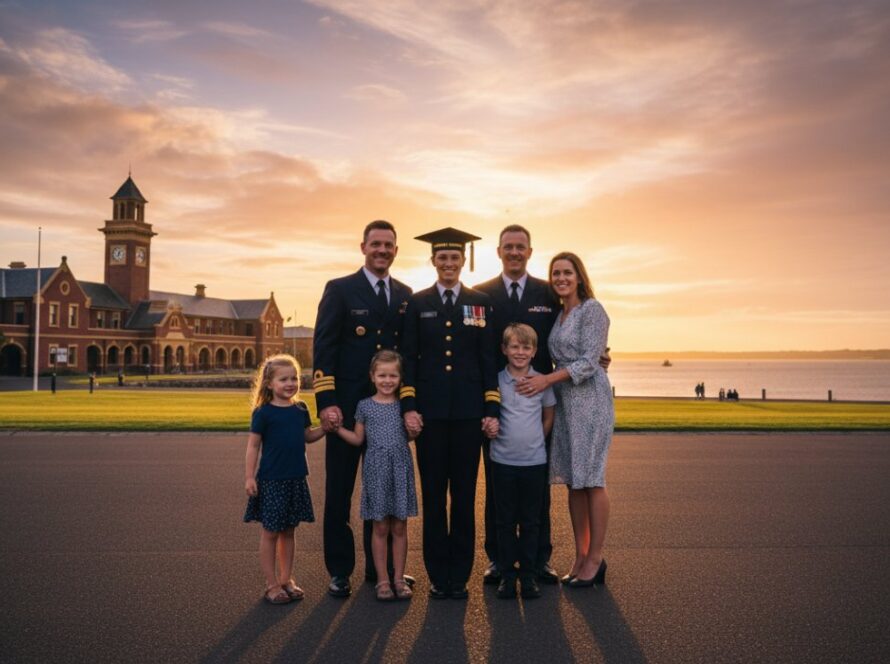 An epic moment of a proud graduate in uniform, surrounded by their smiling military family, celebrating during HMAS Cerberus graduation photography with military families, against the dramatic backdrop of the naval base at sunset, with a sense of achievement and joy.