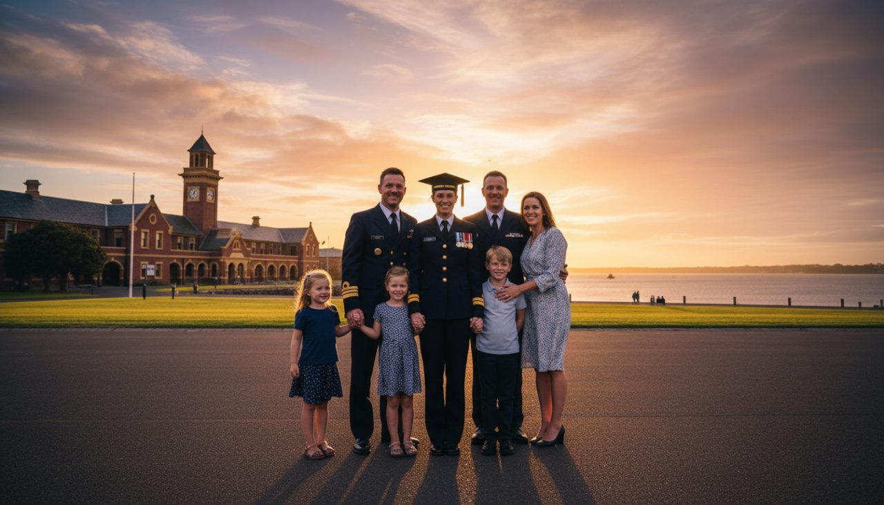An epic moment of a proud graduate in uniform, surrounded by their smiling military family, celebrating during HMAS Cerberus graduation photography with military families, against the dramatic backdrop of the naval base at sunset, with a sense of achievement and joy.