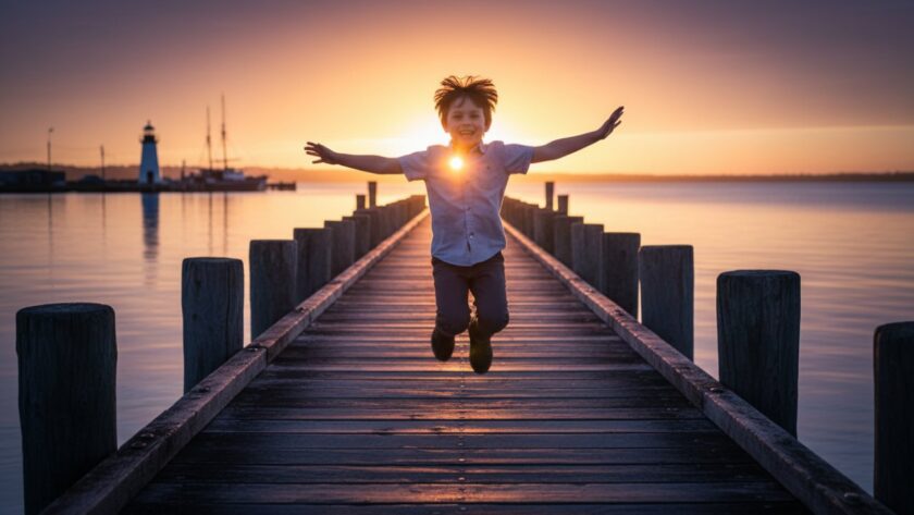 An epic moment captured at HMAS Cerberus kids photography Victoria capturing childhood joy, featuring two young children running gleefully along the historical jetty at sunset, their silhouettes framed against the vibrant orange sky, with the weathered naval structures in the background, professional and colour-graded.