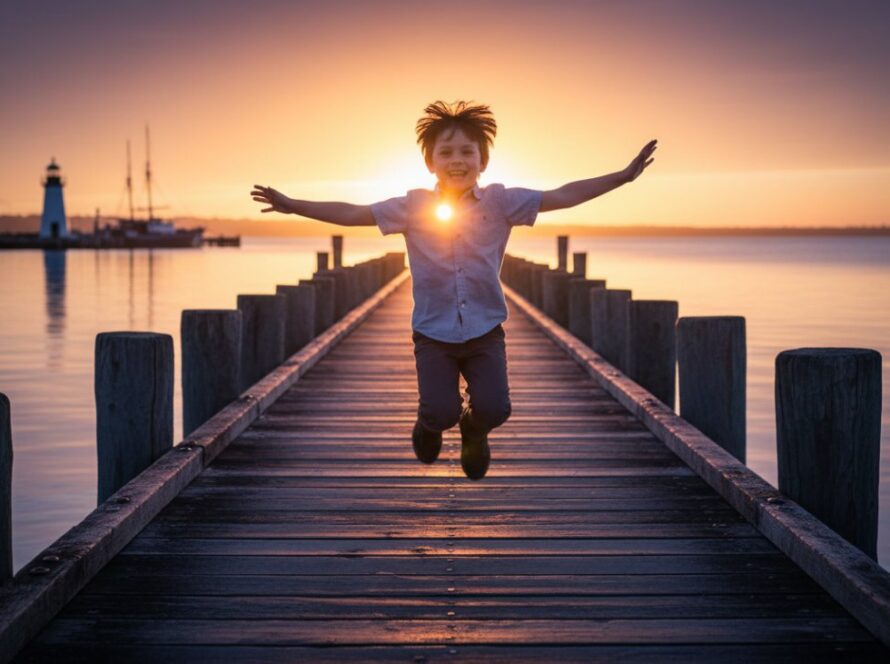 An epic moment captured at HMAS Cerberus kids photography Victoria capturing childhood joy, featuring two young children running gleefully along the historical jetty at sunset, their silhouettes framed against the vibrant orange sky, with the weathered naval structures in the background, professional and colour-graded.