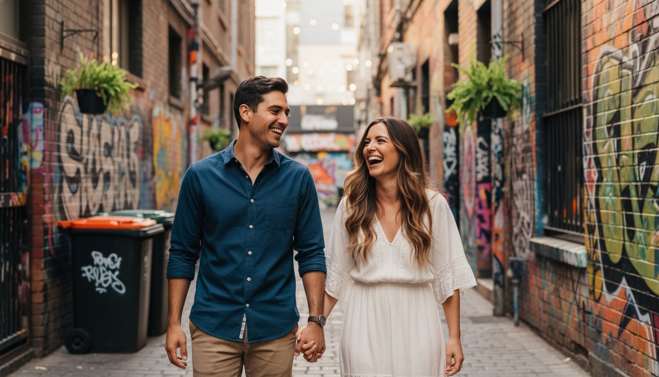 A high-end, candid photograph of an engaged couple sharing a joyous, spontaneous laugh while strolling hand-in-hand through a vibrant, graffiti-adorned Fitzroy laneway in Melbourne, capturing their authentic connection and the city's unique charm. The light is soft and inviting, emphasizing their genuine happiness. No text.