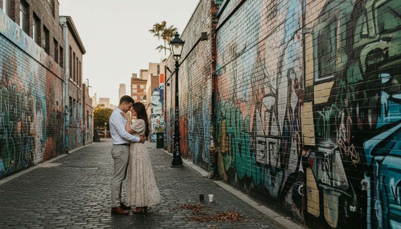 A candid, artistic shot of a pre-wedding couple sharing a tender moment amidst the vibrant street art and historic architecture of a Melbourne laneway, bathed in natural soft light, evoking an authentic urban romance. Focus on textures of graffiti walls and old brickwork.
