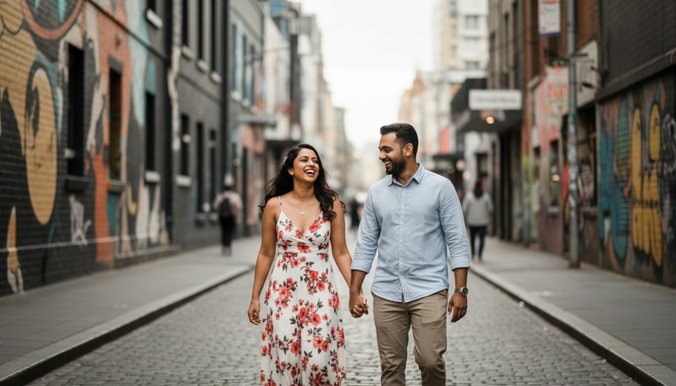 A candid, joyous photograph of a couple laughing and walking hand-in-hand through a vibrant, graffiti-laden laneway in Melbourne's CBD, capturing the city's unique urban lifestyle with dynamic energy and natural light.