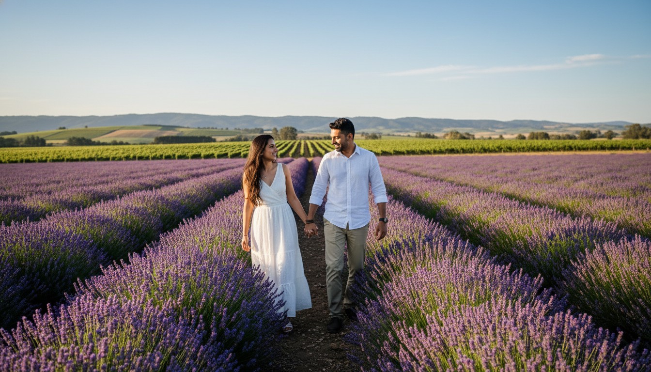 A realistic, high-quality photograph of a couple playfully walking hand-in-hand through a vibrant lavender field in the Yarra Valley, surrounded by rolling hills and vineyards under a clear sky. The mood is joyful and natural, with a focus on capturing candid interaction and the picturesque Victorian landscape. The image should reference the provided sample image for consistent style, mood, and depiction of people, and have no transparent background or text.