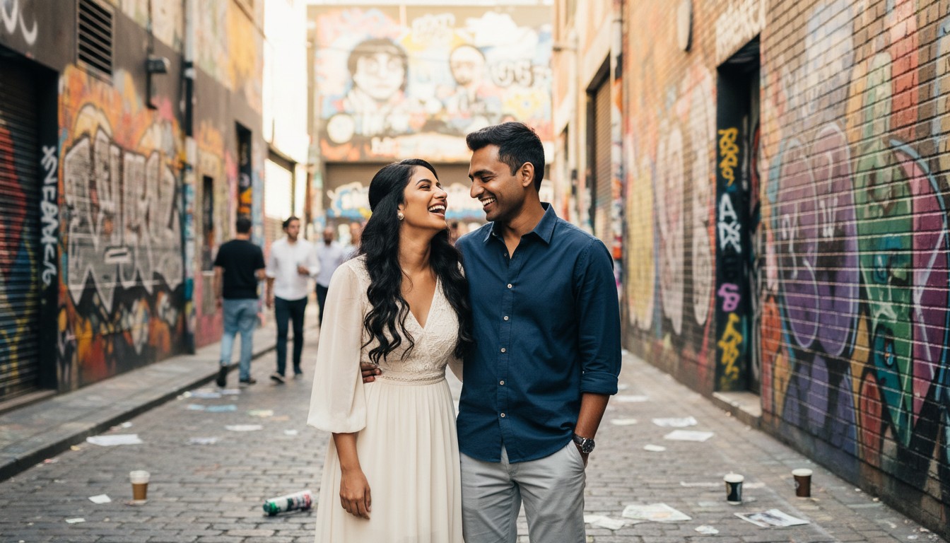 A candid photograph of a newly married couple sharing a genuine, joyful laugh amidst the vibrant street art and bustling atmosphere of a Fitzroy laneway in Melbourne, captured in a high-end, romantic style with natural light.