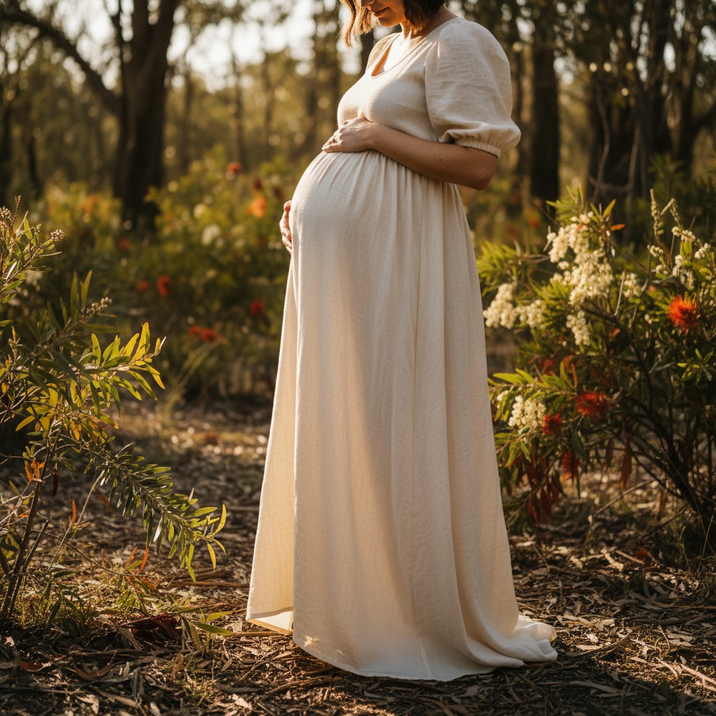 A pregnant woman, gently touching her belly, wearing a comfortable yet stylish maternity dress in a neutral tone. She stands amidst sun-dappled Australian bushland, with native flora in soft focus in the background, showcasing the dress's fabric and drape in a natural, high-quality photograph.