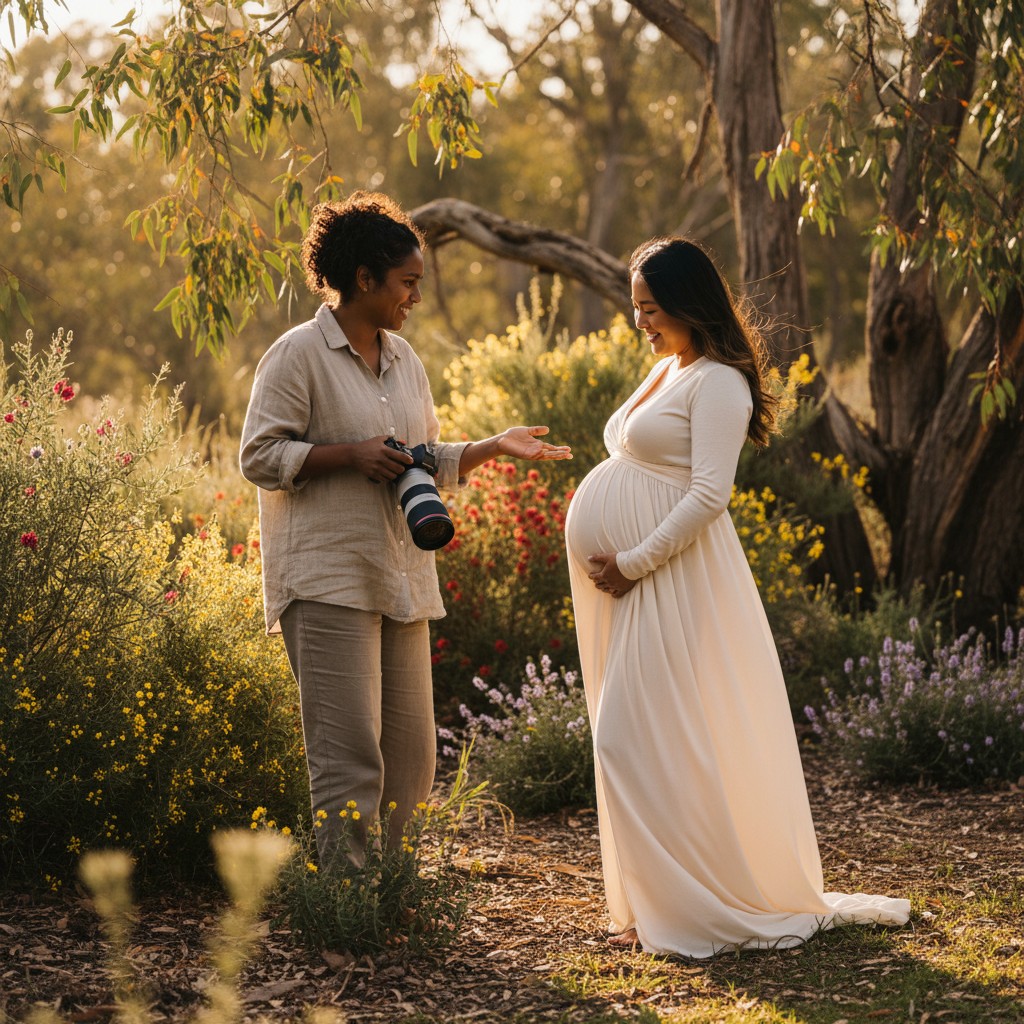 A candid shot of an Australian maternity photographer (diverse representation) interacting warmly with a pregnant client in a natural, sun-dappled bushland setting or a serene Australian garden. The photographer is holding a professional camera, demonstrating gentle guidance, while the expectant mother looks relaxed and happy. Focus on the collaborative and trusting aspect of the photography process. Avoid adding text to the image.