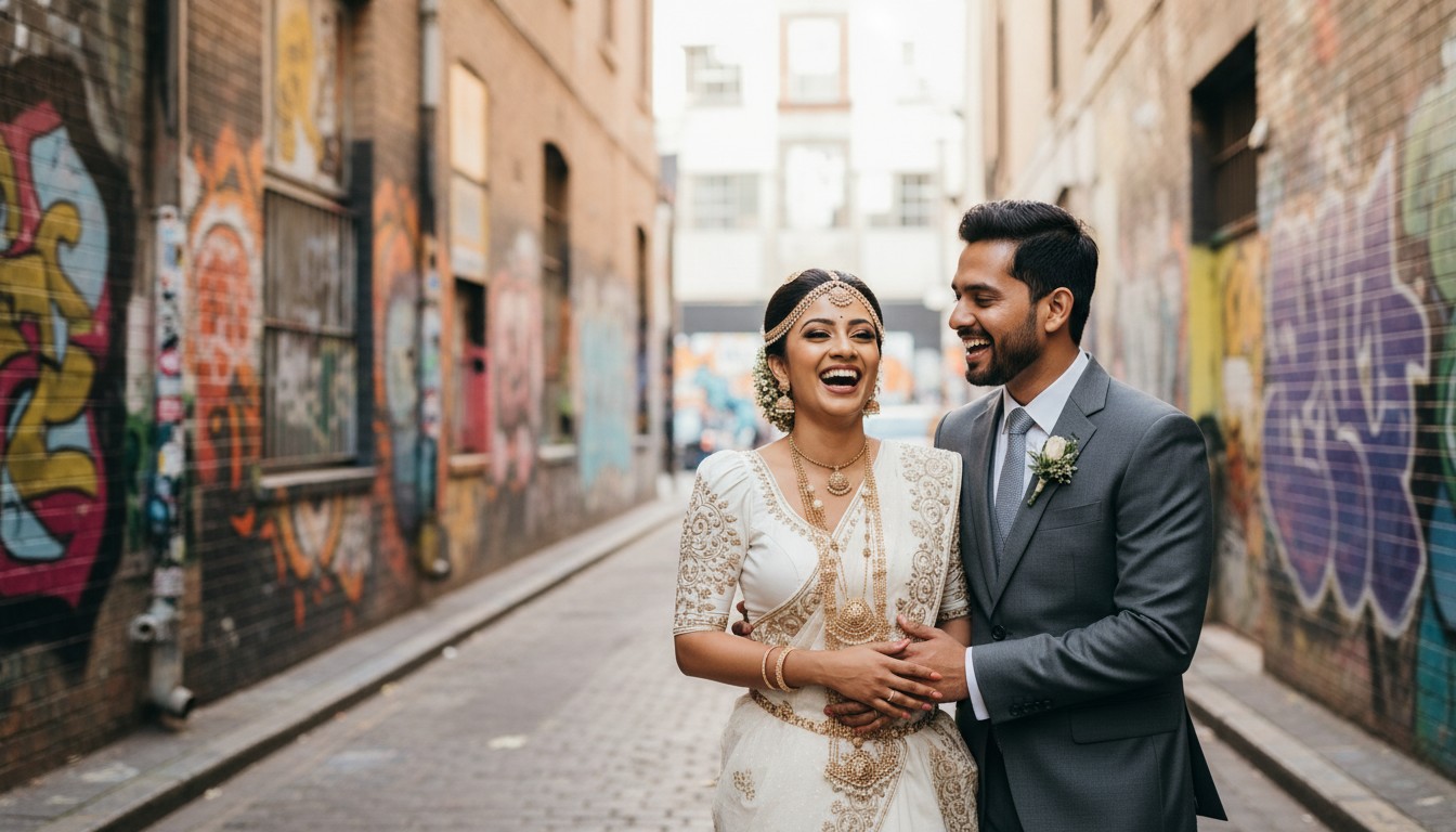 A candid, high-end, and romantic photograph of a diverse couple laughing spontaneously in a picturesque Fitzroy laneway in Melbourne, adorned with vibrant street art and subtle urban textures. The natural light should highlight their genuine joy and connection, with a shallow depth of field to keep the focus intimately on them. Reference THE PROVIDED SAMPLE IMAGE for style, mood, and to maintain consistency with any people featured in it. Do not request transparent backgrounds. Avoid adding any text to the image.
