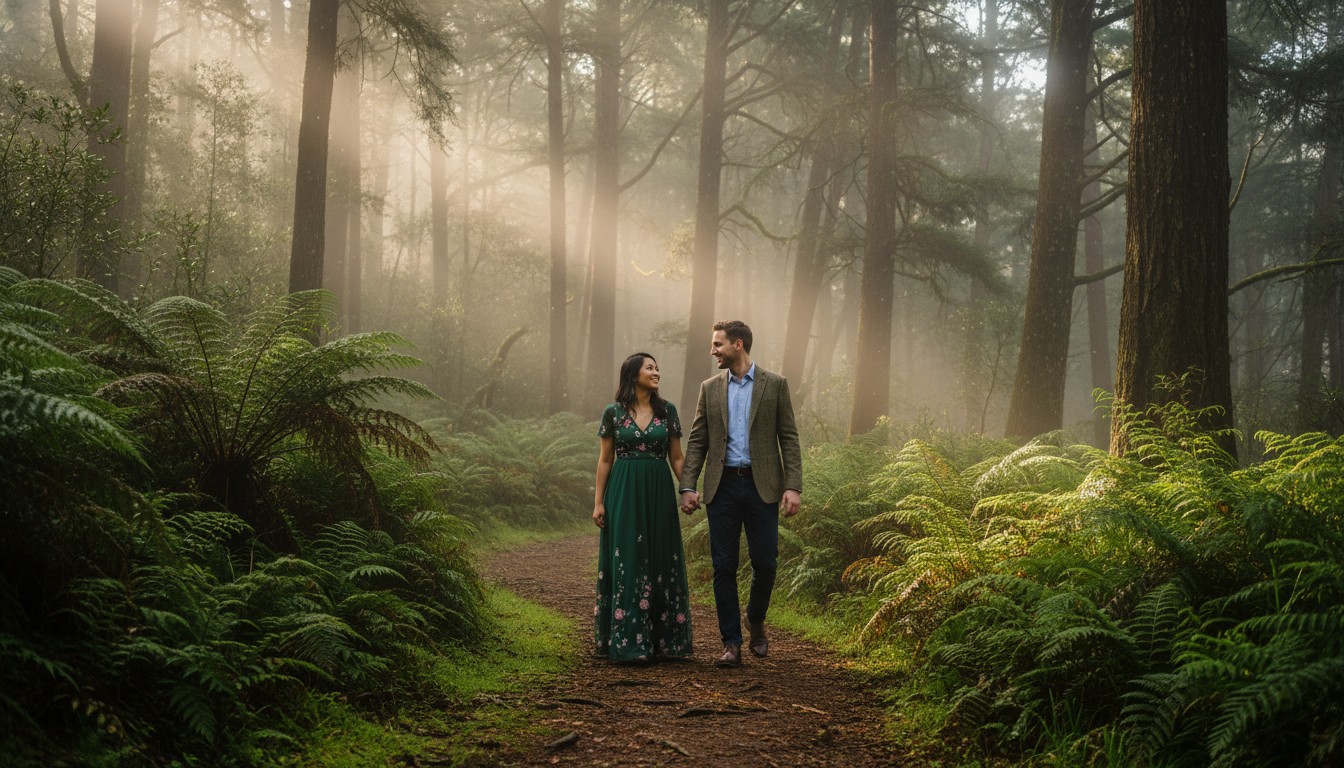 A realistic, high-quality photograph featuring a diverse couple elegantly walking hand-in-hand along a winding, misty path in Sherbrooke Forest within the Dandenong Ranges. Towering, lush fern trees and dappled sunlight filtering through the canopy create a serene and romantic, almost enchanted atmosphere, highlighting the natural beauty of Victoria. No text.