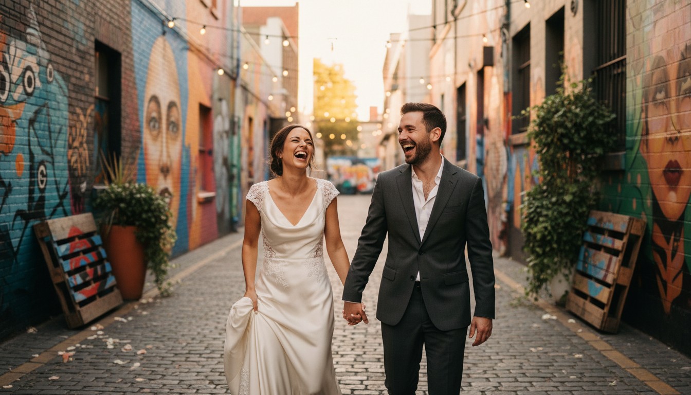 A candid, high-end wedding photograph of a couple sharing a genuine, joyful laugh as they stroll hand-in-hand through a vibrant, art-filled Fitzroy laneway in Melbourne, capturing their authentic connection. Soft, romantic lighting.