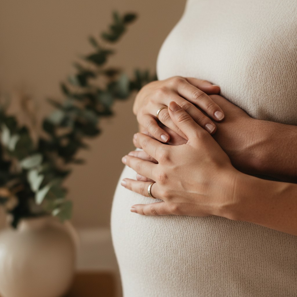A close-up, high-quality photograph of a pregnant woman's hands and her partner's hands gently intertwined over her baby bump, conveying tenderness and connection. The background features a soft-focus glimpse of Australian native eucalyptus leaves or a subtle, warm-toned indoor setting. Focus on the emotional interaction and the delicate details of their hands, no text.