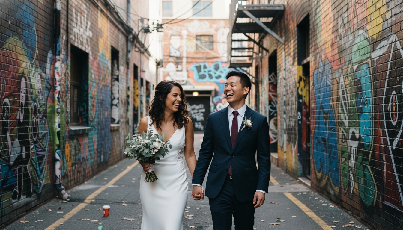 A high-end, candid style wedding photo of a diverse couple laughing joyfully, walking hand-in-hand through a vibrant, graffiti-adorned Fitzroy laneway in Melbourne, showcasing genuine emotion and the unique urban setting. Soft natural light, romantic atmosphere. No text, no transparent background.