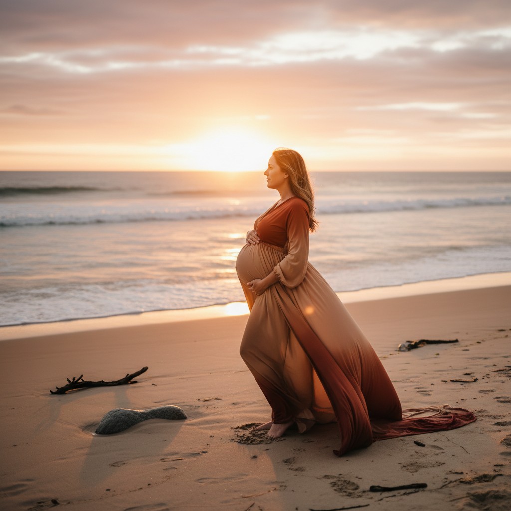 A pregnant woman in a flowing, earthy-toned maternity gown stands on a sandy Australian beach at sunset, with gentle waves lapping at her feet and soft golden light illuminating her profile. Her outfit complements the natural tones of the sand and ocean, emphasizing comfort and elegance for an outdoor session. High-quality, realistic photography.