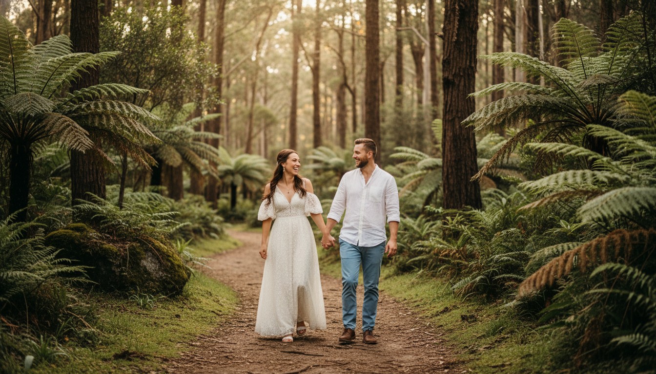 A realistic, high-quality photograph of a couple playfully walking hand-in-hand through a lush, sun-dappled forest path in the Dandenong Ranges, capturing natural laughter and connection. The mood is joyful and serene, with soft natural light filtering through the trees. Reference the provided sample image for style, mood, and to maintain consistency with any people featured in it. Avoid adding any text to the image.