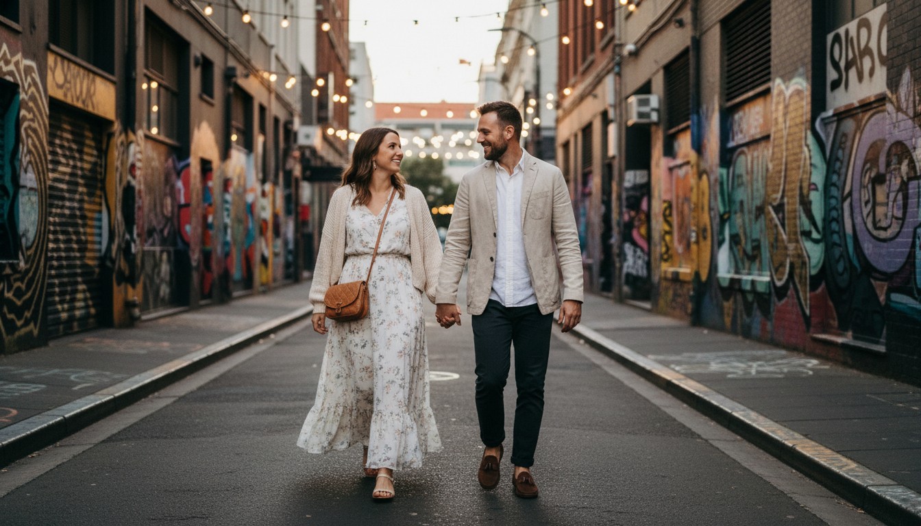 A realistic, high-quality photograph illustrating a key outfit concept for an engagement shoot. Show a couple in stylish, layered attire (e.g., a smart blazer for him, a flowing dress with a cardigan for her), strolling hand-in-hand through a vibrant Melbourne laneway known for its street art, or amidst the natural beauty of a Yarra Valley winery at dusk. The image should highlight the textures and complementary colors of their outfits, capturing a candid, joyful moment. Natural lighting. No transparent background. Avoid any text on the image. Use the provided sample image as a reference for the style, mood, and to maintain consistency with any people featured in it.