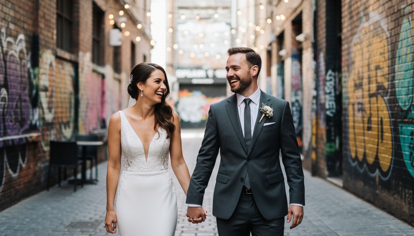 A candid, high-end wedding photograph of a couple laughing intimately while walking hand-in-hand through a vibrant, graffiti-adorned laneway in Fitzroy, Melbourne. The focus is on their genuine joy and connection, with soft bokeh blurring the urban backdrop, evoking a romantic and contemporary Melbourne aesthetic.