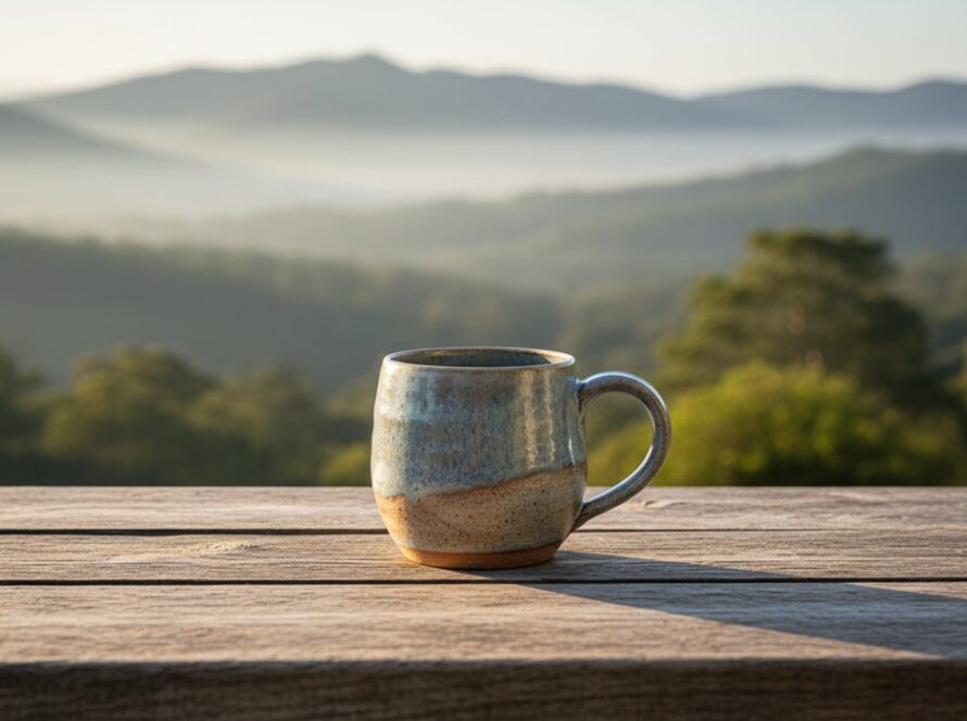 An epic moment captured: A beautifully styled gourmet coffee mug, reflecting the sunrise over the Dandenong Ranges in Kalorama, showcasing impactful advertising photography Kalorama businesses can use for their brand.