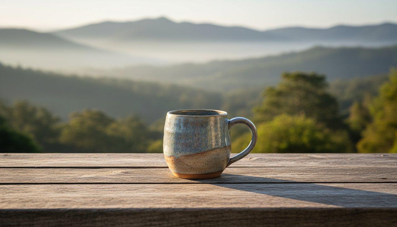 An epic moment captured: A beautifully styled gourmet coffee mug, reflecting the sunrise over the Dandenong Ranges in Kalorama, showcasing impactful advertising photography Kalorama businesses can use for their brand.