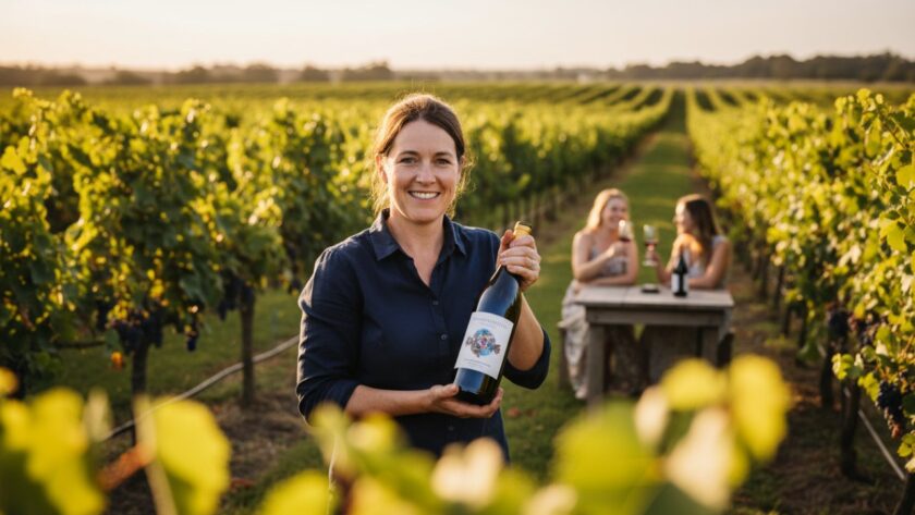 Dramatic wide shot showcasing the impactful advertising photography for Launching businesses, featuring a local artisan proudly displaying their handcrafted product on a rustic workbench bathed in warm, golden hour light, reflecting the natural beauty of the Launching area. The artisan's face is focused and authentic, conveying passion and dedication.