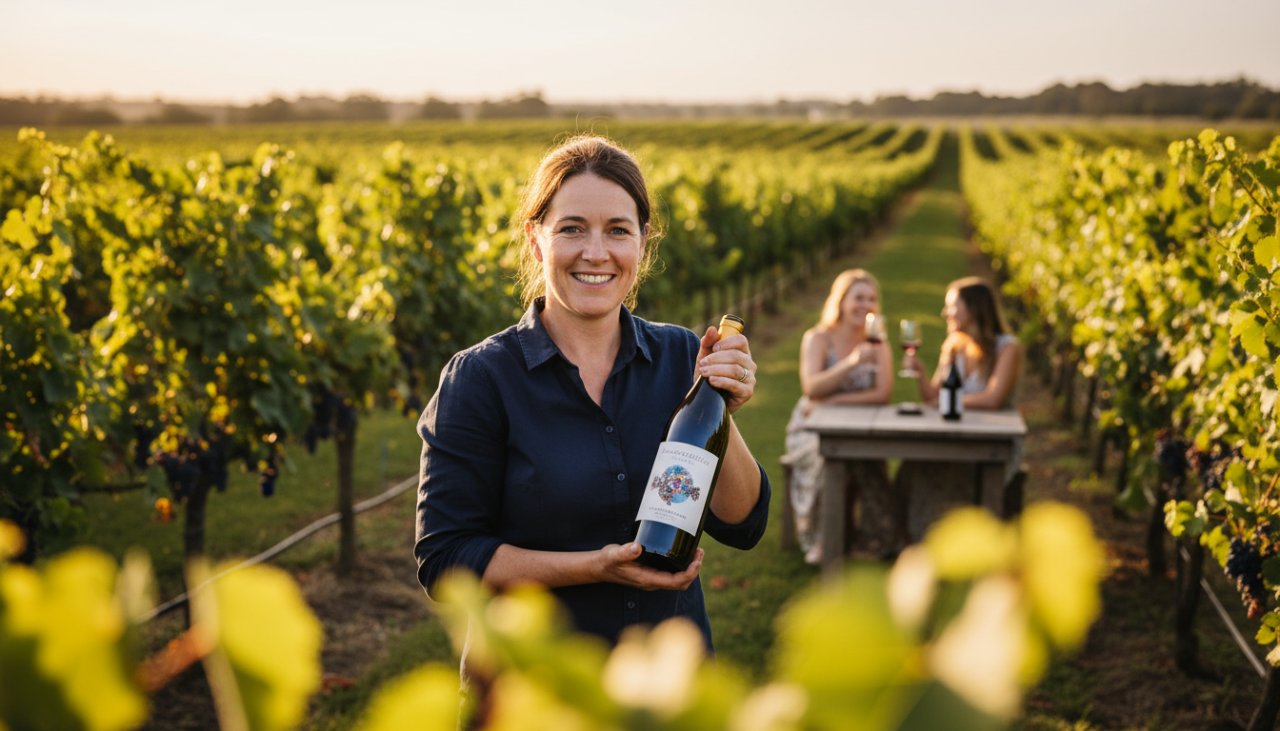 Dramatic wide shot showcasing the impactful advertising photography for Launching businesses, featuring a local artisan proudly displaying their handcrafted product on a rustic workbench bathed in warm, golden hour light, reflecting the natural beauty of the Launching area. The artisan's face is focused and authentic, conveying passion and dedication.