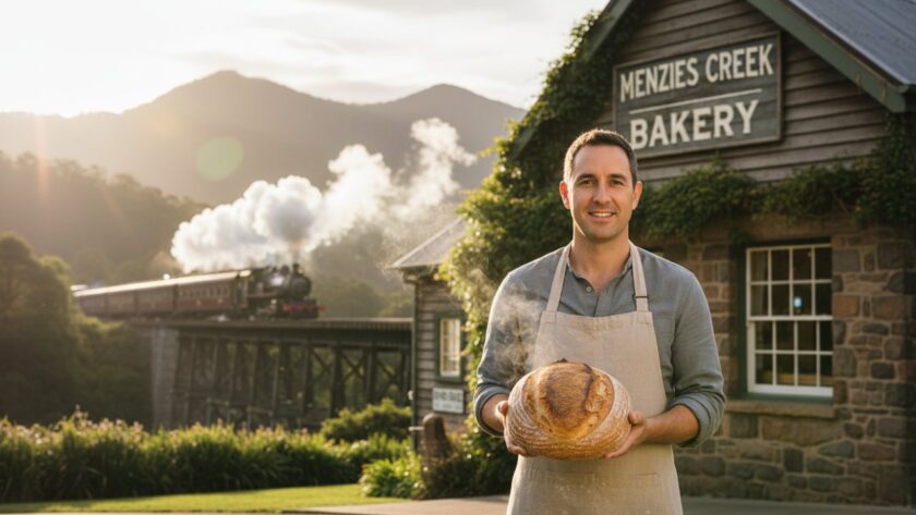 An impactful advertising photography Menzies Creek businesses hero shot, featuring a local artisanal bakery owner proudly presenting a freshly baked, rustic sourdough loaf with the misty Dandenong Ranges and Puffing Billy's steam visible in the background, bathed in warm morning light, capturing an authentic, high-quality, 'epic moment' of local craftsmanship and community spirit.