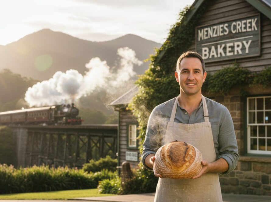 An impactful advertising photography Menzies Creek businesses hero shot, featuring a local artisanal bakery owner proudly presenting a freshly baked, rustic sourdough loaf with the misty Dandenong Ranges and Puffing Billy's steam visible in the background, bathed in warm morning light, capturing an authentic, high-quality, 'epic moment' of local craftsmanship and community spirit.