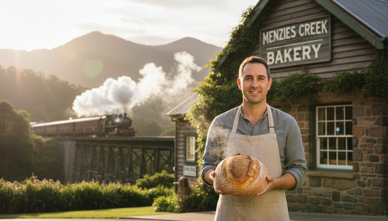 An impactful advertising photography Menzies Creek businesses hero shot, featuring a local artisanal bakery owner proudly presenting a freshly baked, rustic sourdough loaf with the misty Dandenong Ranges and Puffing Billy's steam visible in the background, bathed in warm morning light, capturing an authentic, high-quality, 'epic moment' of local craftsmanship and community spirit.