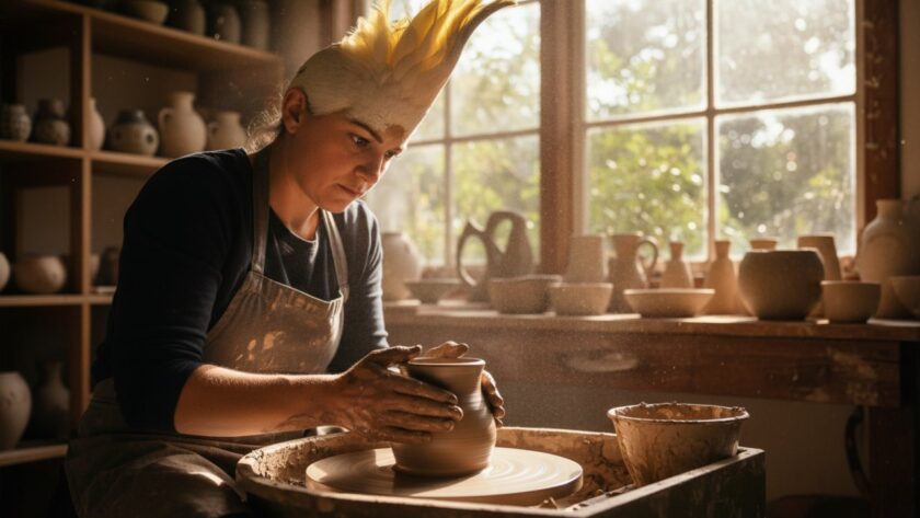 A Cockatoo artisan passionately working on their craft in a sun-drenched workshop, surrounded by natural timber, with an impactful branding photography for Cockatoo artisans capturing their authentic process, showcasing dedication and skill.