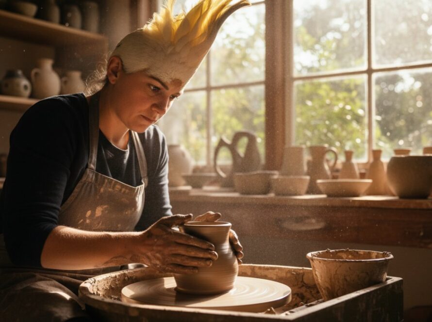 A Cockatoo artisan passionately working on their craft in a sun-drenched workshop, surrounded by natural timber, with an impactful branding photography for Cockatoo artisans capturing their authentic process, showcasing dedication and skill.