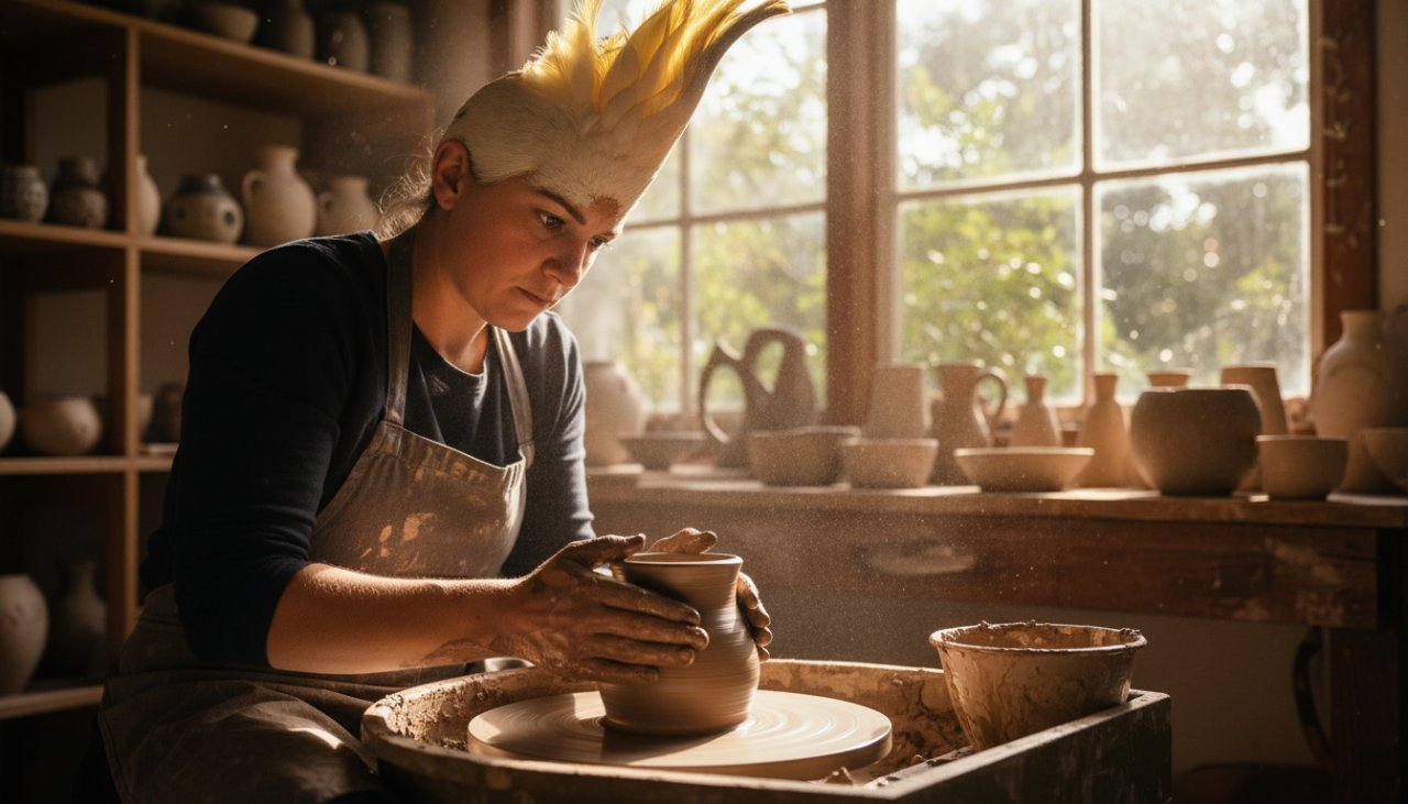 A Cockatoo artisan passionately working on their craft in a sun-drenched workshop, surrounded by natural timber, with an impactful branding photography for Cockatoo artisans capturing their authentic process, showcasing dedication and skill.