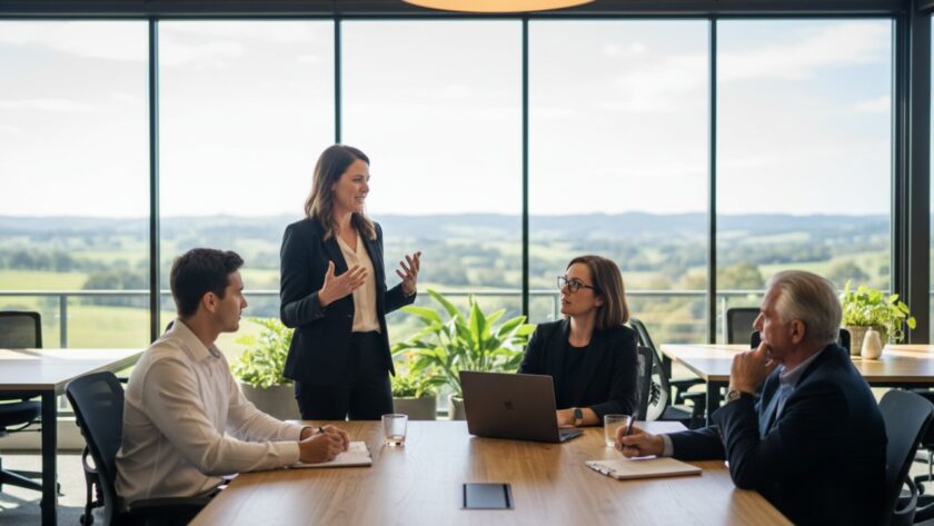 An inspiring wide shot capturing a business professional delivering a presentation in a modern, naturally lit co-working space in Seville, Victoria, bathed in warm, late afternoon sun. This image embodies impactful corporate headshots Seville Victoria, showcasing confidence and engagement.