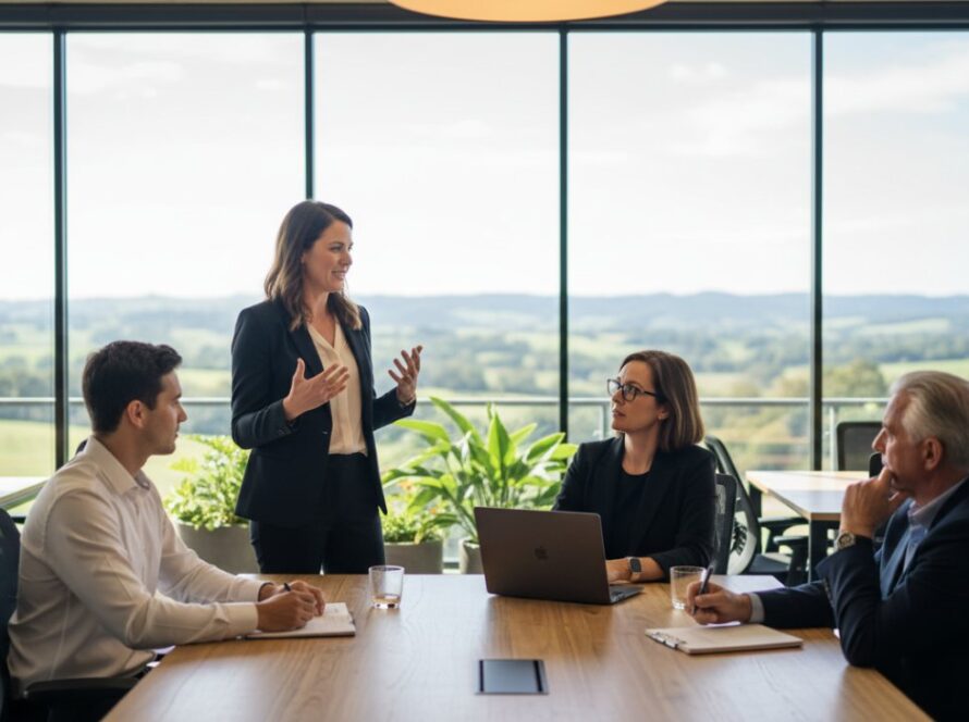 An inspiring wide shot capturing a business professional delivering a presentation in a modern, naturally lit co-working space in Seville, Victoria, bathed in warm, late afternoon sun. This image embodies impactful corporate headshots Seville Victoria, showcasing confidence and engagement.
