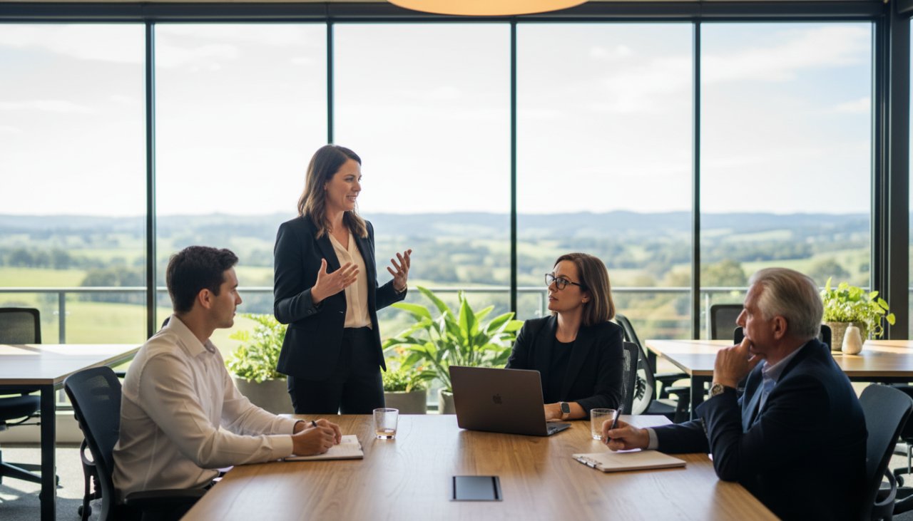 An inspiring wide shot capturing a business professional delivering a presentation in a modern, naturally lit co-working space in Seville, Victoria, bathed in warm, late afternoon sun. This image embodies impactful corporate headshots Seville Victoria, showcasing confidence and engagement.
