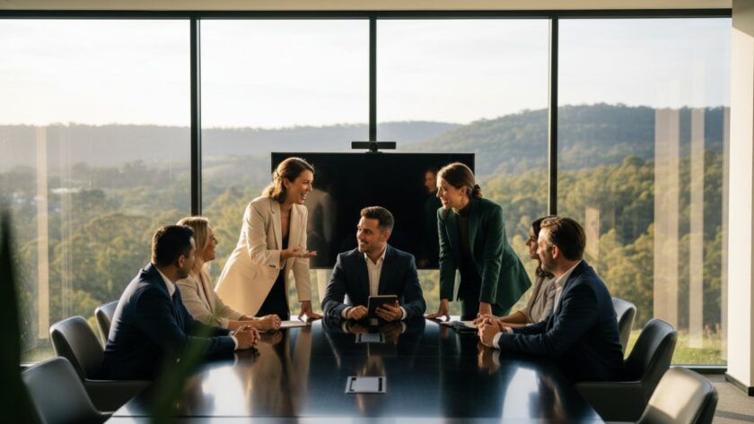 An impactful corporate photography Emerald businesses hero shot, featuring a diverse team of professionals collaborating enthusiastically in a modern, light-filled office space in Emerald, Victoria, with a hint of lush Dandenong Ranges greenery visible through a large window, conveying success and synergy.