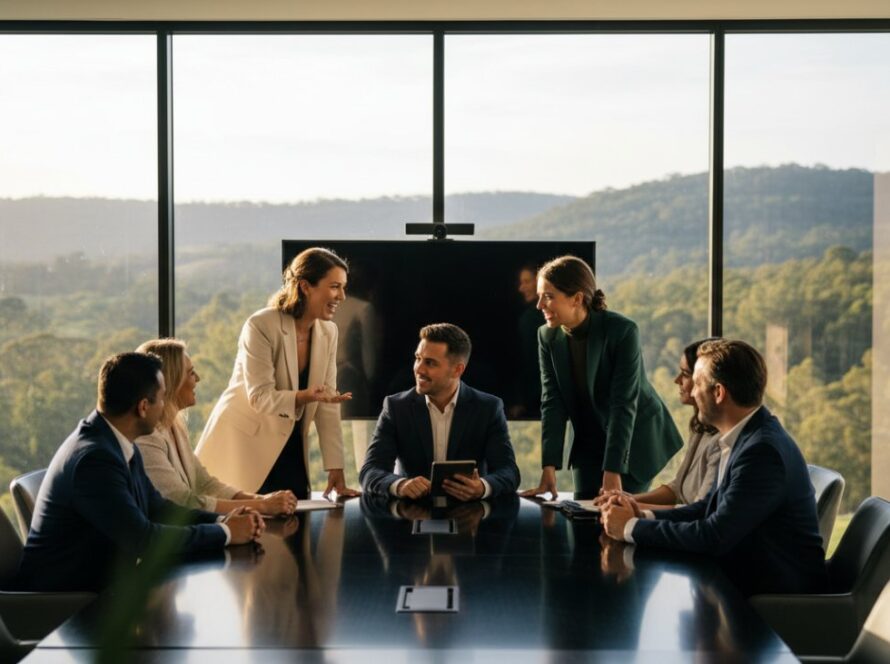 An impactful corporate photography Emerald businesses hero shot, featuring a diverse team of professionals collaborating enthusiastically in a modern, light-filled office space in Emerald, Victoria, with a hint of lush Dandenong Ranges greenery visible through a large window, conveying success and synergy.