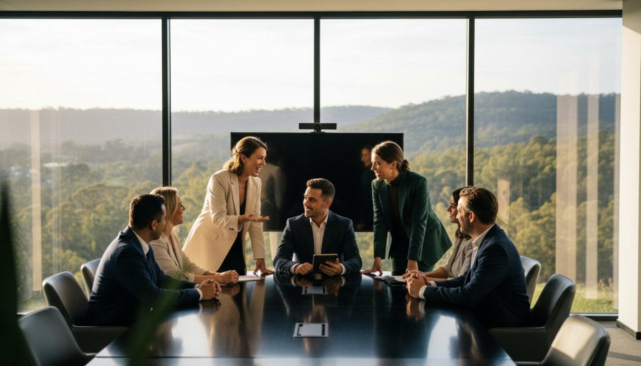 An impactful corporate photography Emerald businesses hero shot, featuring a diverse team of professionals collaborating enthusiastically in a modern, light-filled office space in Emerald, Victoria, with a hint of lush Dandenong Ranges greenery visible through a large window, conveying success and synergy.