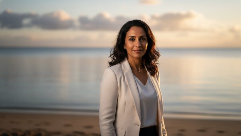 A confident business professional, captured in impactful professional headshots Rye Victoria Peninsula, stands poised against a slightly blurred backdrop of Rye's coastal beauty during golden hour, exuding professionalism and approachability.