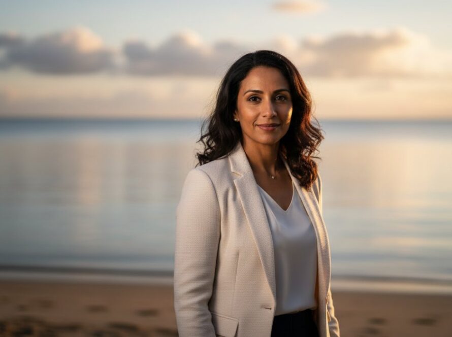 A confident business professional, captured in impactful professional headshots Rye Victoria Peninsula, stands poised against a slightly blurred backdrop of Rye's coastal beauty during golden hour, exuding professionalism and approachability.