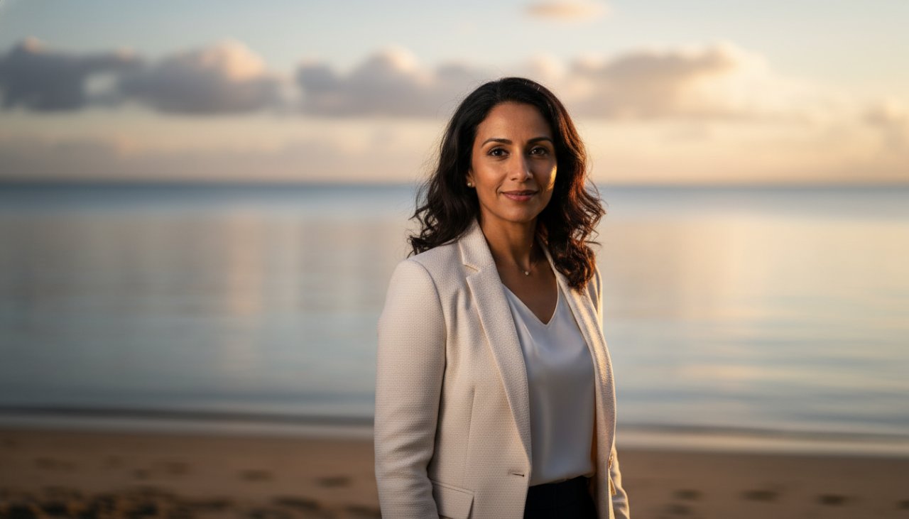 A confident business professional, captured in impactful professional headshots Rye Victoria Peninsula, stands poised against a slightly blurred backdrop of Rye's coastal beauty during golden hour, exuding professionalism and approachability.