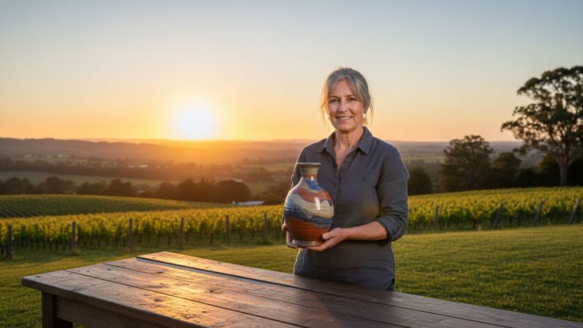 An epic moment captured in Steels Creek, showcasing impactful Steels Creek advertising photography for local businesses, with a local artisan proudly presenting their handcrafted product amidst the rolling hills at sunset, golden hour light, shallow depth of field, cinematic quality.