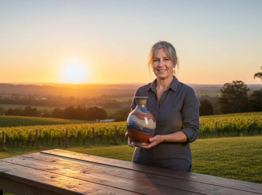 An epic moment captured in Steels Creek, showcasing impactful Steels Creek advertising photography for local businesses, with a local artisan proudly presenting their handcrafted product amidst the rolling hills at sunset, golden hour light, shallow depth of field, cinematic quality.